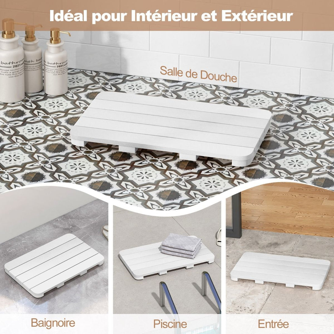 Tapis de Bain Antidérapant Imperméable en HIPS - Résistant à la Corrosion et à la Rouille, Blanc/Marron, Idéal pour Douche et Piscine