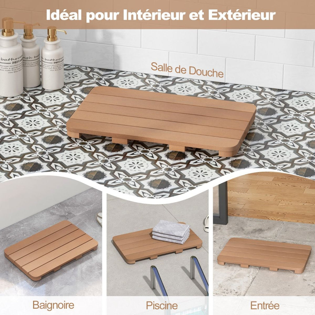Tapis de Bain Antidérapant Imperméable en HIPS - Résistant à la Corrosion et à la Rouille, Blanc/Marron, Idéal pour Douche et Piscine