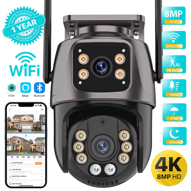 4K Ultra HD 8MP WiFi PTZ Outdoor Camera with Dual Lens & AI Auto Tracking - Advanced IP CCTV Surveillance with Audio & Video