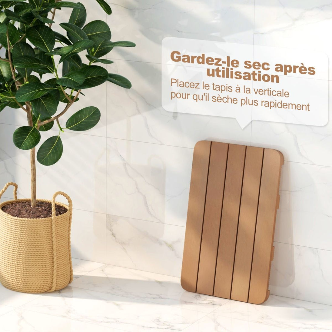 Tapis de Bain Antidérapant Imperméable en HIPS - Résistant à la Corrosion et à la Rouille, Blanc/Marron, Idéal pour Douche et Piscine