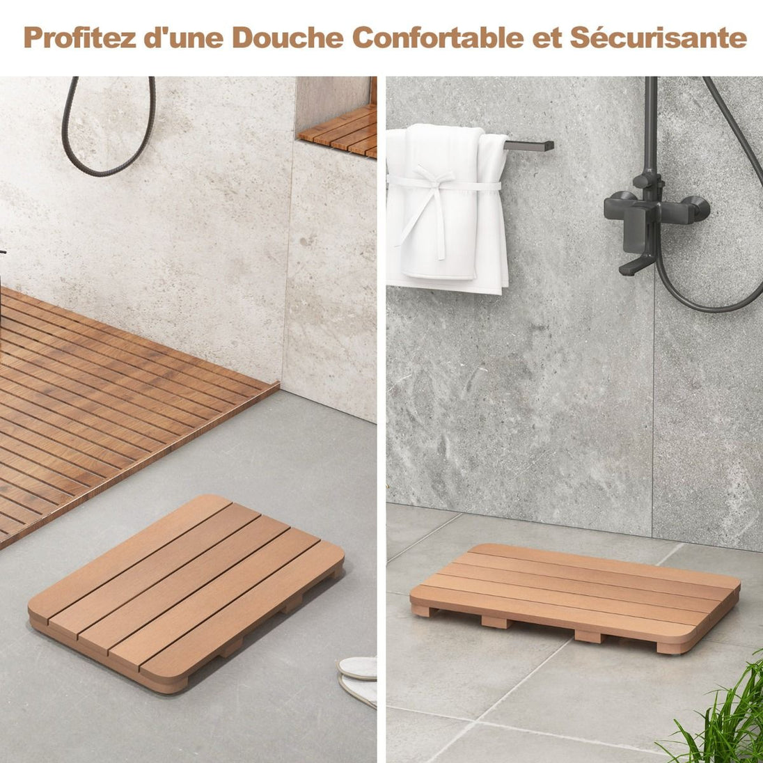 Tapis de Bain Antidérapant Imperméable en HIPS - Résistant à la Corrosion et à la Rouille, Blanc/Marron, Idéal pour Douche et Piscine