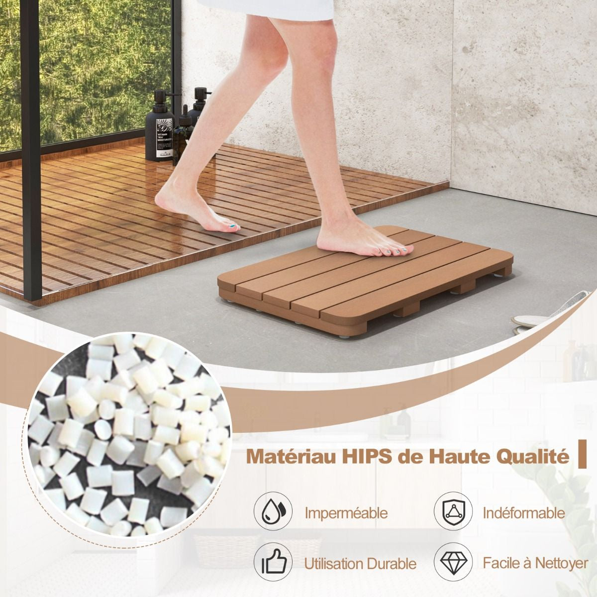 Tapis de Bain Antidérapant Imperméable en HIPS - Résistant à la Corrosion et à la Rouille, Blanc/Marron, Idéal pour Douche et Piscine