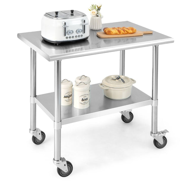Elevate Your Culinary Experience with Our Chic 2-Tier Stainless Steel Rolling Prep Table - Perfect for Any Kitchen! 🍽️✨ #KitchenGoals #HomeChef