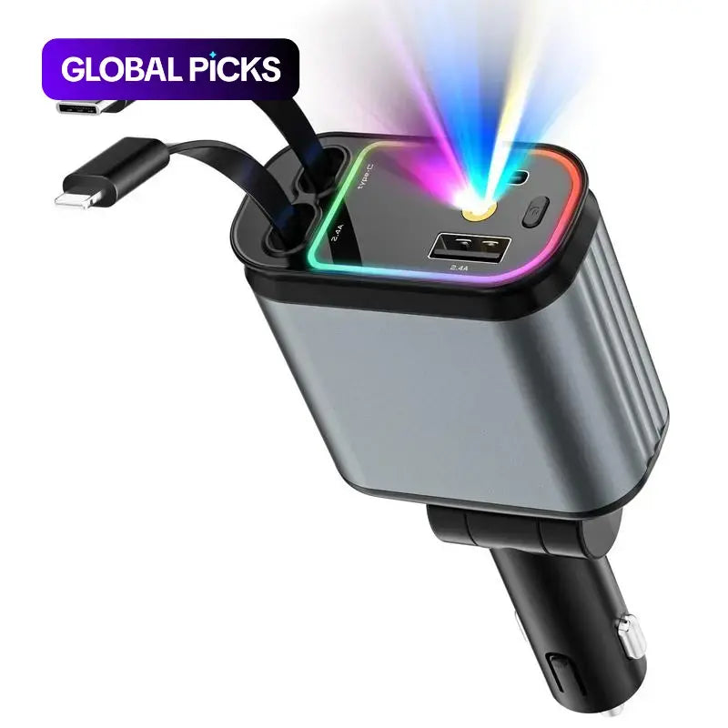 Transform Your Drive: 4-In-1 66W Retractable Car Charger with Star Projector Night Light & LED Ceiling Lights - Perfect for iPhone & Samsung!