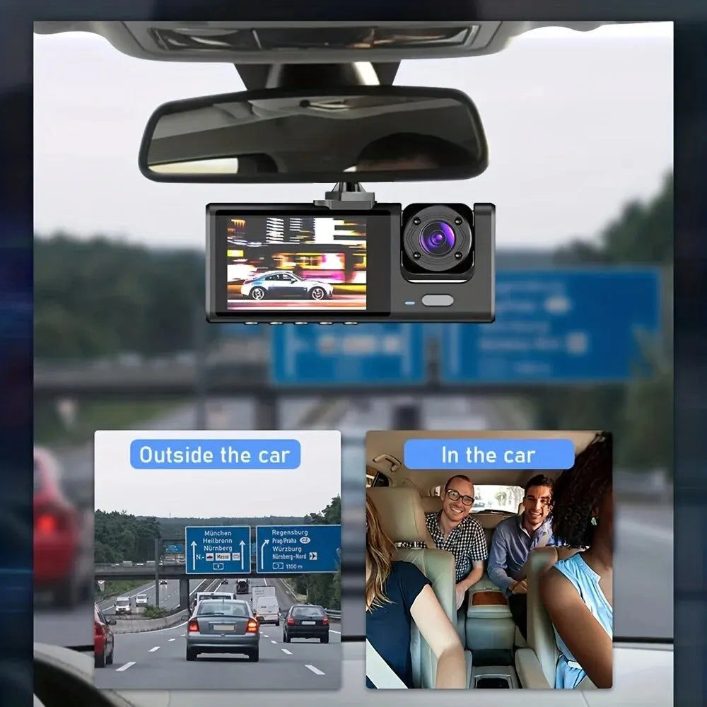 Capture Every Moment with the 1080P Triple Camera Dash Cam - IR Night Vision, Loop Recording & 2" IPS Display