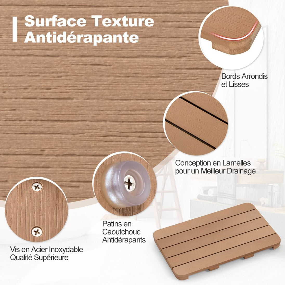 Tapis de Bain Antidérapant Imperméable en HIPS - Résistant à la Corrosion et à la Rouille, Blanc/Marron, Idéal pour Douche et Piscine