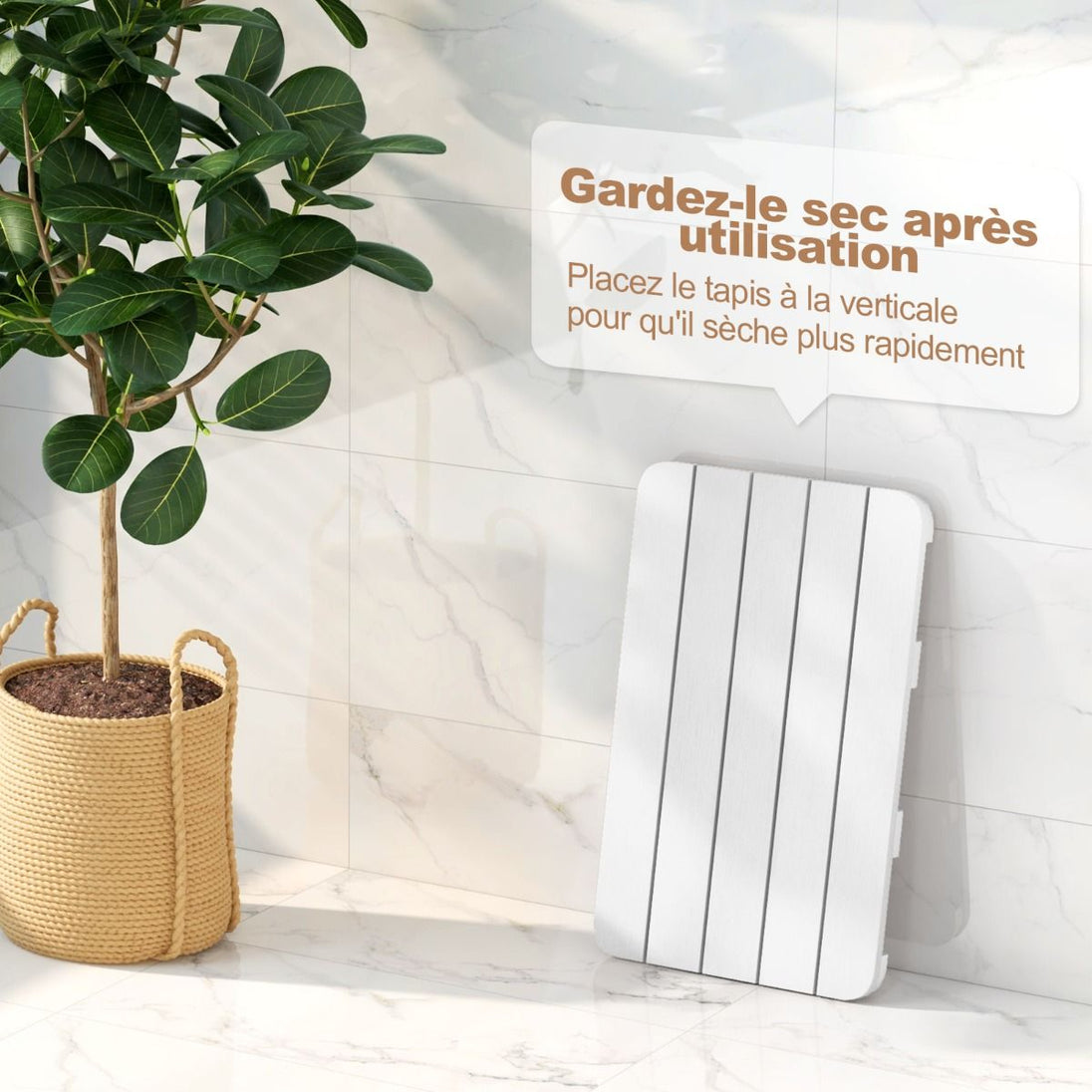 Tapis de Bain Antidérapant Imperméable en HIPS - Résistant à la Corrosion et à la Rouille, Blanc/Marron, Idéal pour Douche et Piscine