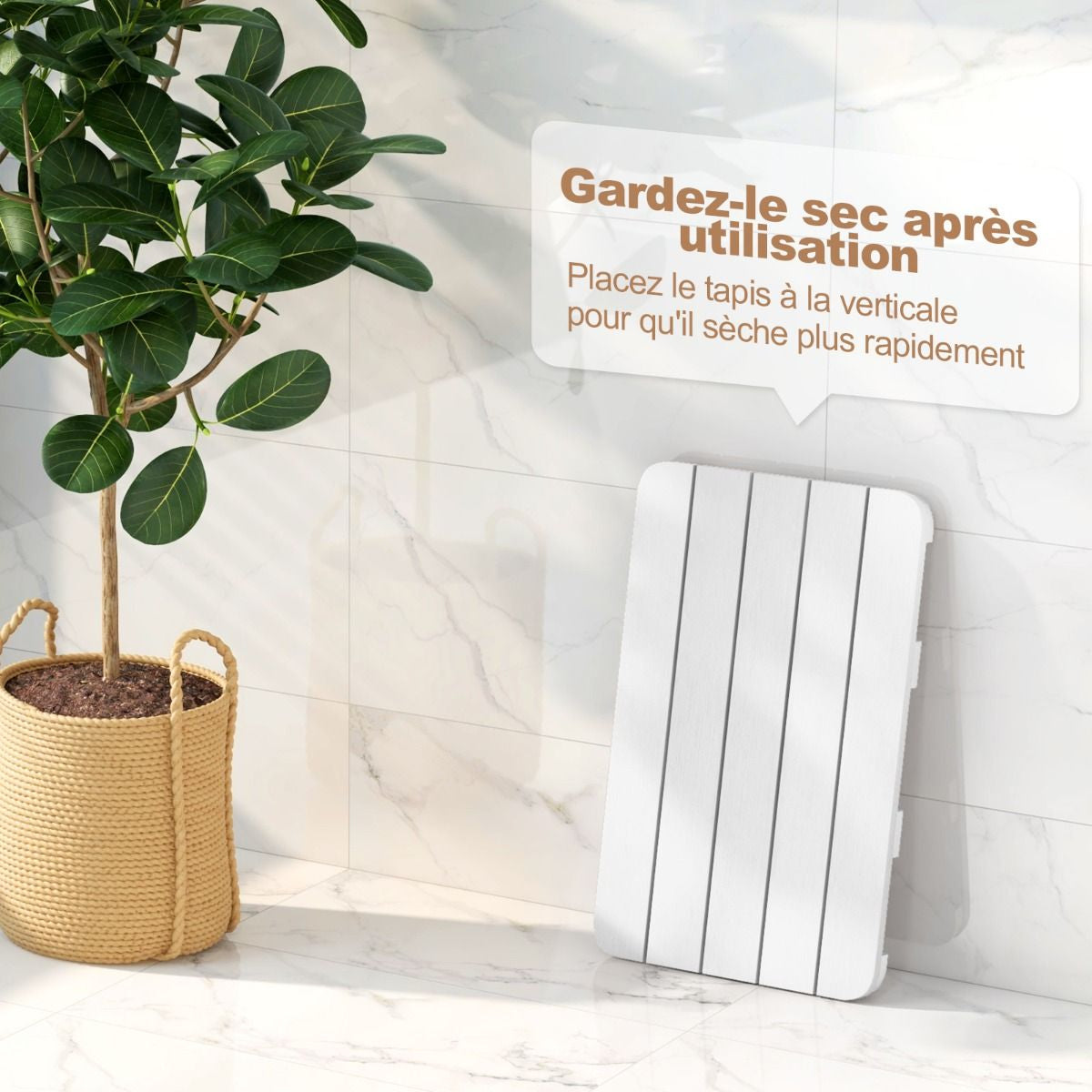 Tapis de Bain Antidérapant Imperméable en HIPS - Résistant à la Corrosion et à la Rouille, Blanc/Marron, Idéal pour Douche et Piscine