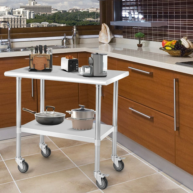 Elevate Your Culinary Experience with Our Chic 2-Tier Stainless Steel Rolling Prep Table - Perfect for Any Kitchen! 🍽️✨ #KitchenGoals #HomeChef