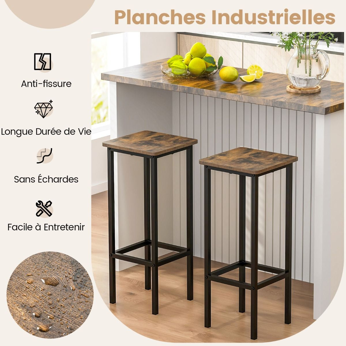 Transformez votre intérieur avec ce lot de 4 tabourets de bar rustiques de 72 cm - Design industriel en métal et bois, parfaits pour votre cuisine ou votre coin bar ! 🍂✨