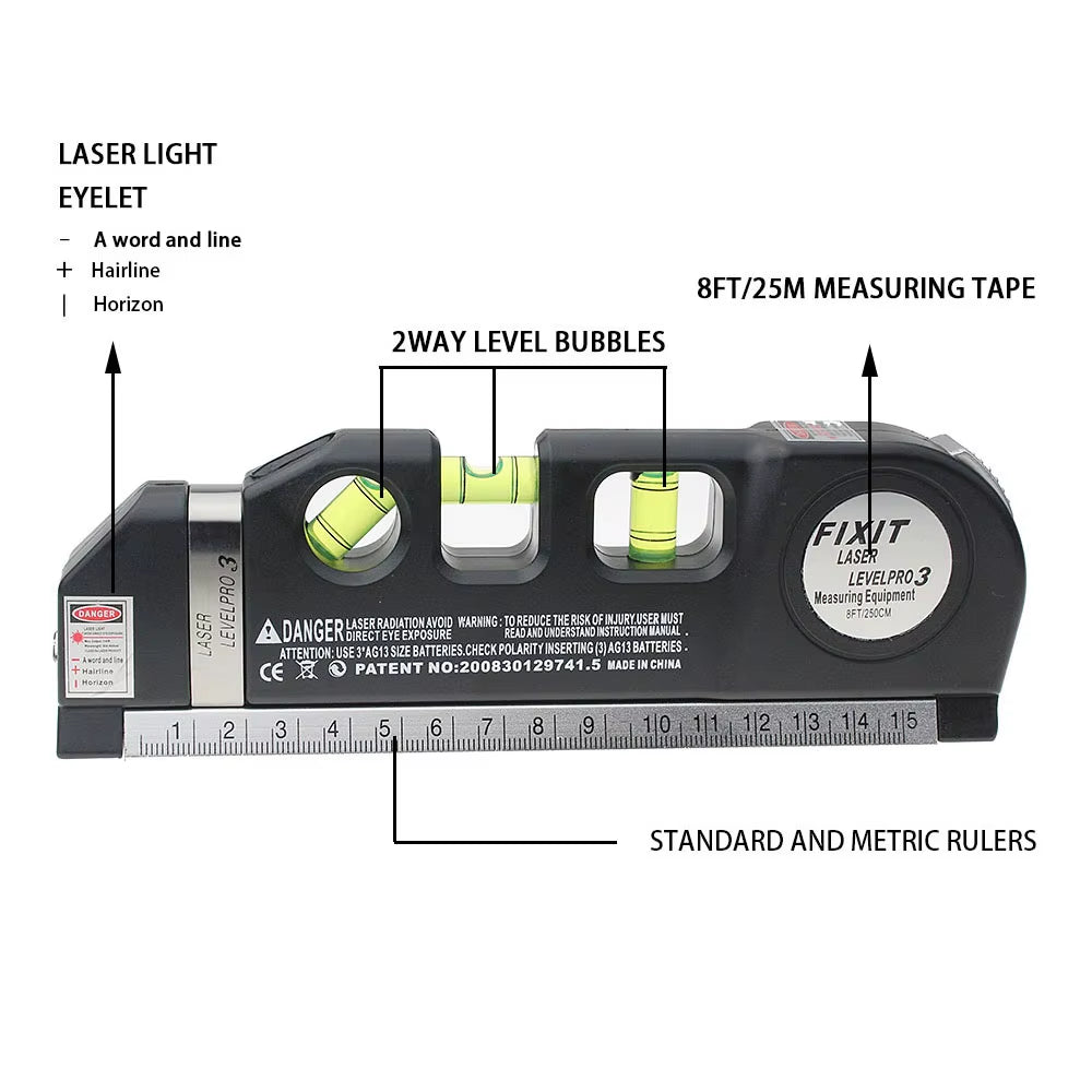 Achieve Precision with the 8Ft/25M Laser Level - Dual Horizontal & Vertical Measurement Tool for Perfect Alignments