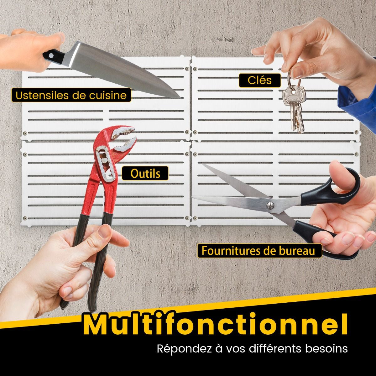 Organisez votre espace de travail avec notre ensemble de 4 panneaux muraux magnétiques et 32 aimants puissants ! Idéal pour un garage, une cuisine ou un bureau impeccablement rangé ! #DIY #Rangement #Atelier