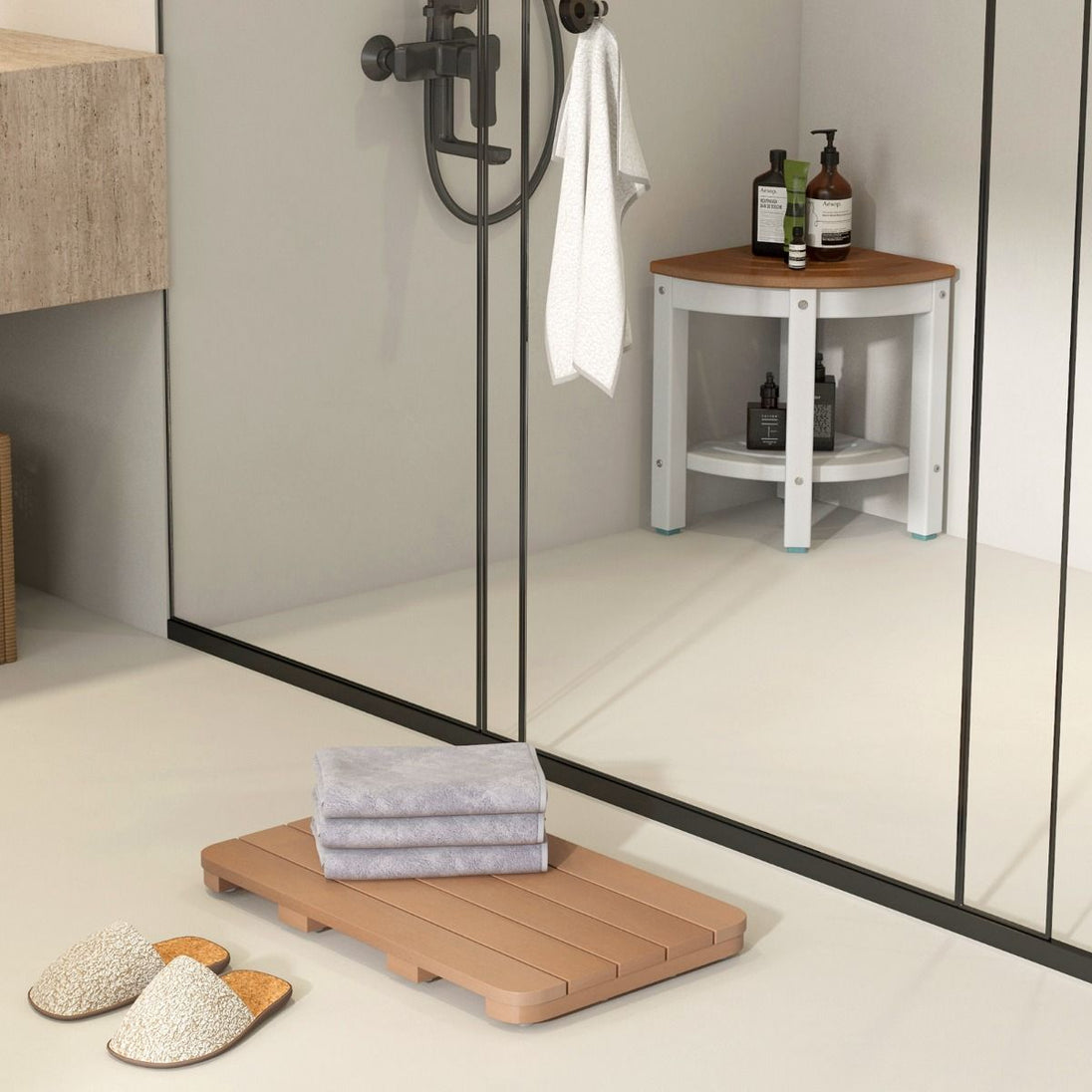 Tapis de Bain Antidérapant Imperméable en HIPS - Résistant à la Corrosion et à la Rouille, Blanc/Marron, Idéal pour Douche et Piscine