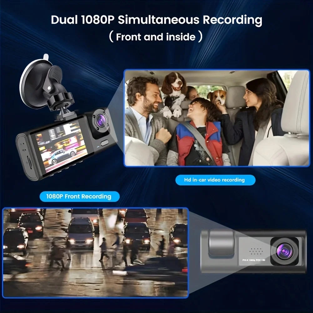 Capture Every Moment with the 1080P Triple Camera Dash Cam - IR Night Vision, Loop Recording & 2" IPS Display