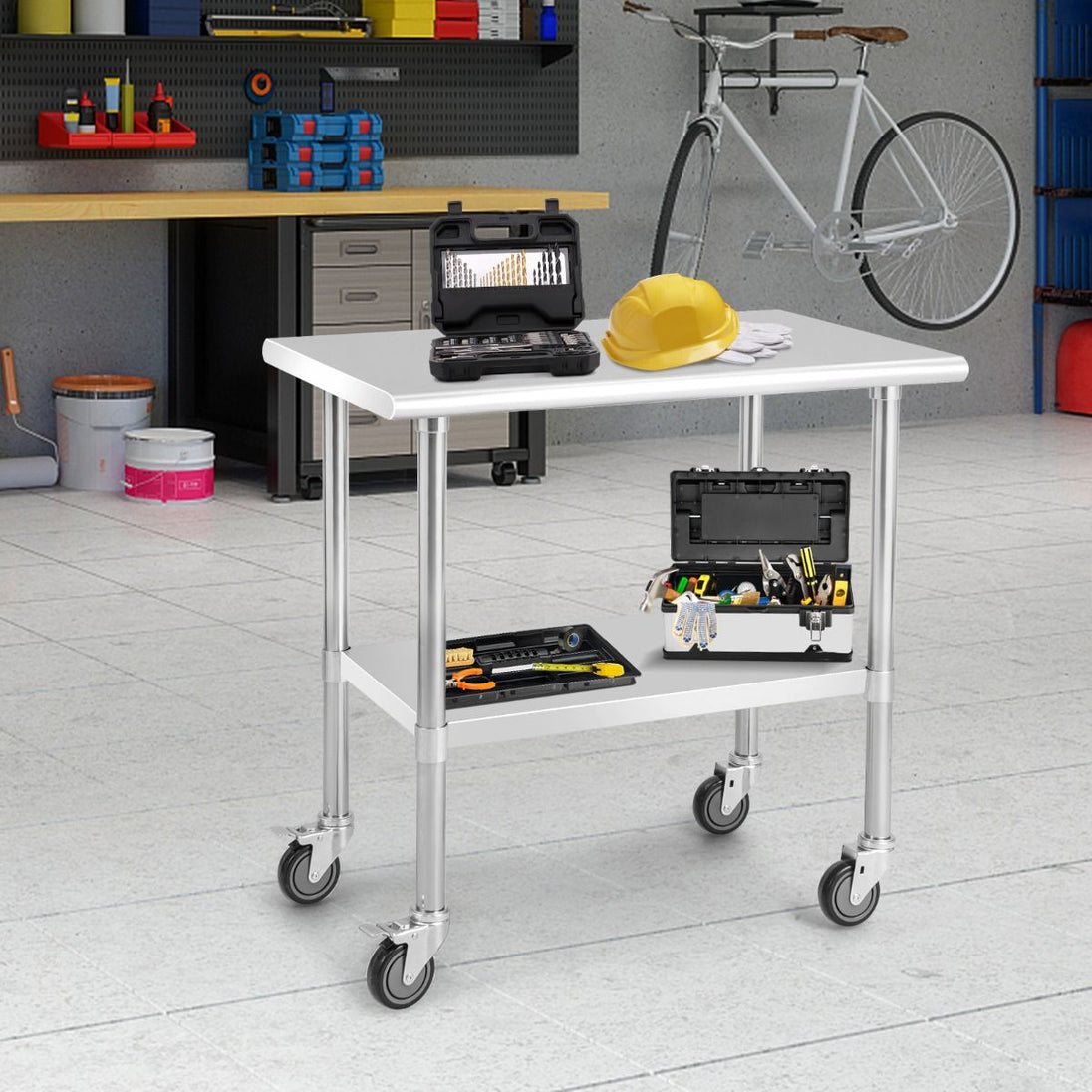 Elevate Your Culinary Experience with Our Chic 2-Tier Stainless Steel Rolling Prep Table - Perfect for Any Kitchen! 🍽️✨ #KitchenGoals #HomeChef