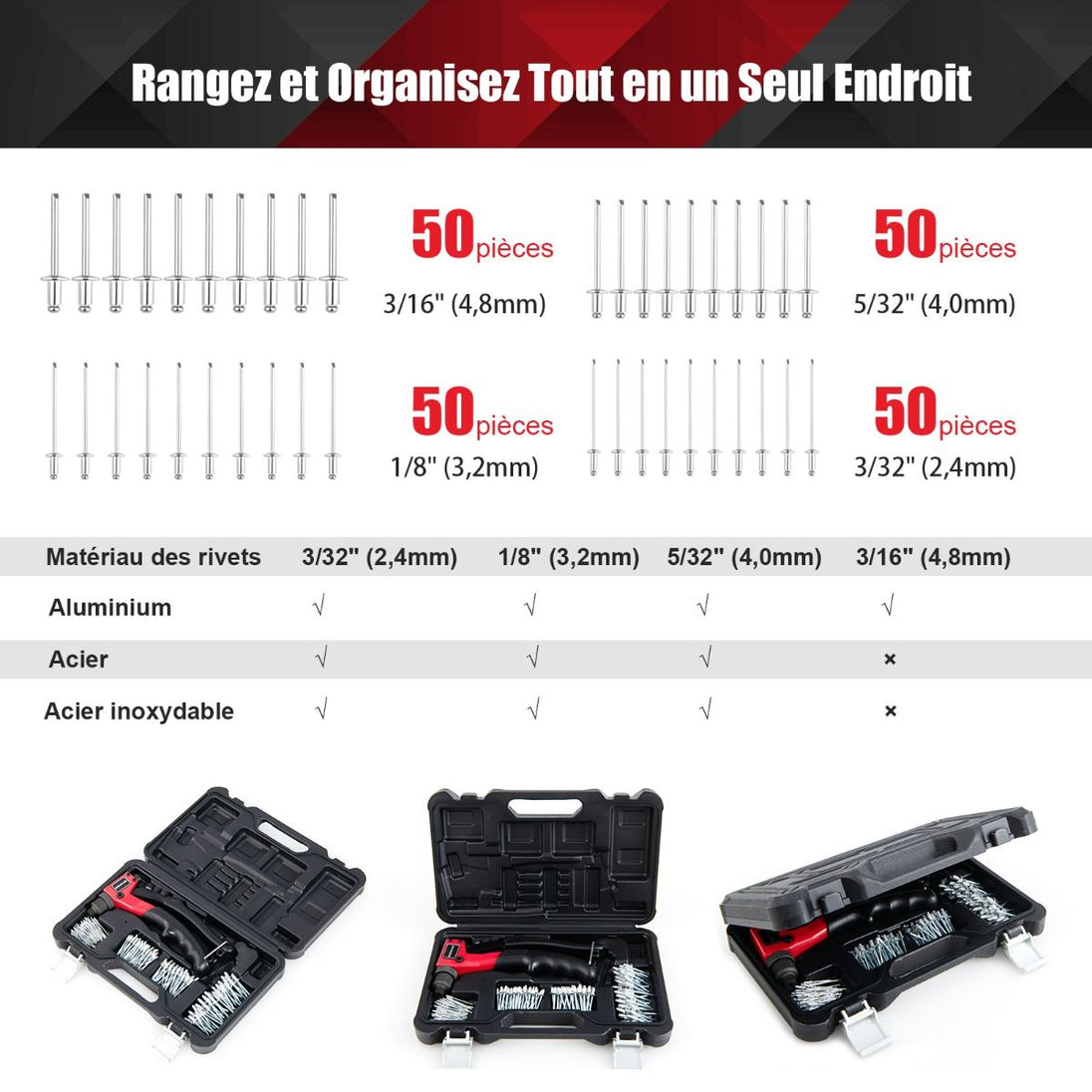 Riveteuse Manuelle Professionnelle avec 200 Rivets et Outils Interchangeables - Pratique et Portable avec Mallette de Transport!