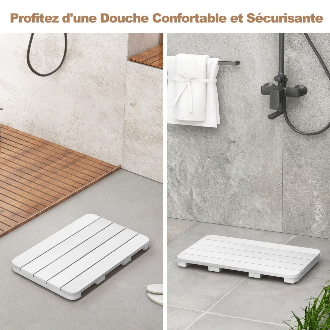 Tapis de Bain Antidérapant Imperméable en HIPS - Résistant à la Corrosion et à la Rouille, Blanc/Marron, Idéal pour Douche et Piscine