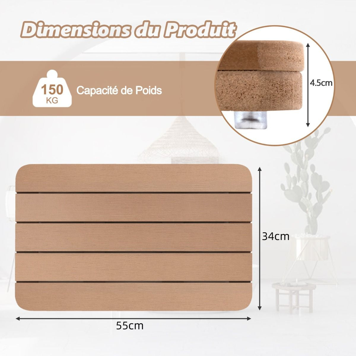 Tapis de Bain Antidérapant Imperméable en HIPS - Résistant à la Corrosion et à la Rouille, Blanc/Marron, Idéal pour Douche et Piscine