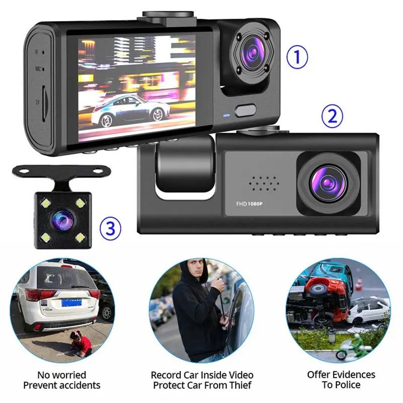 Capture Every Moment with the 1080P Triple Camera Dash Cam - IR Night Vision, Loop Recording & 2" IPS Display