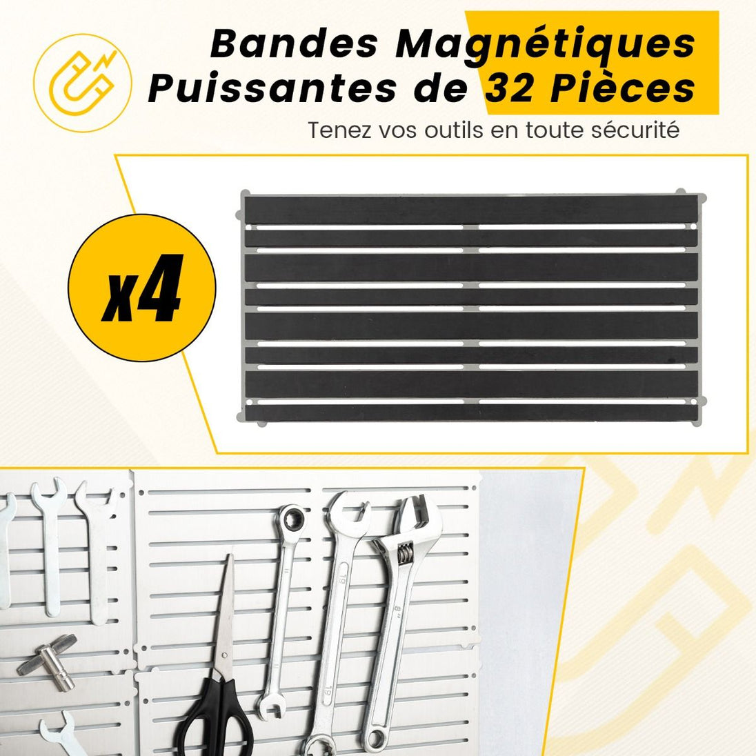 Organisez votre espace de travail avec notre ensemble de 4 panneaux muraux magnétiques et 32 aimants puissants ! Idéal pour un garage, une cuisine ou un bureau impeccablement rangé ! #DIY #Rangement #Atelier