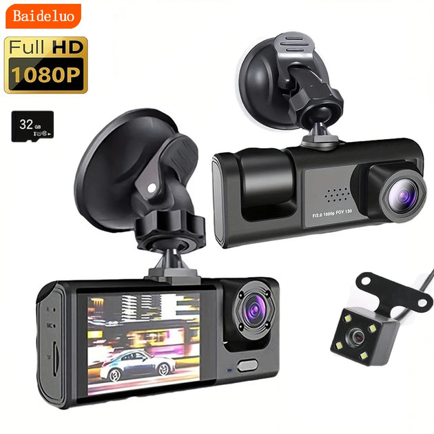 Capture Every Moment with the 1080P Triple Camera Dash Cam - IR Night Vision, Loop Recording & 2" IPS Display